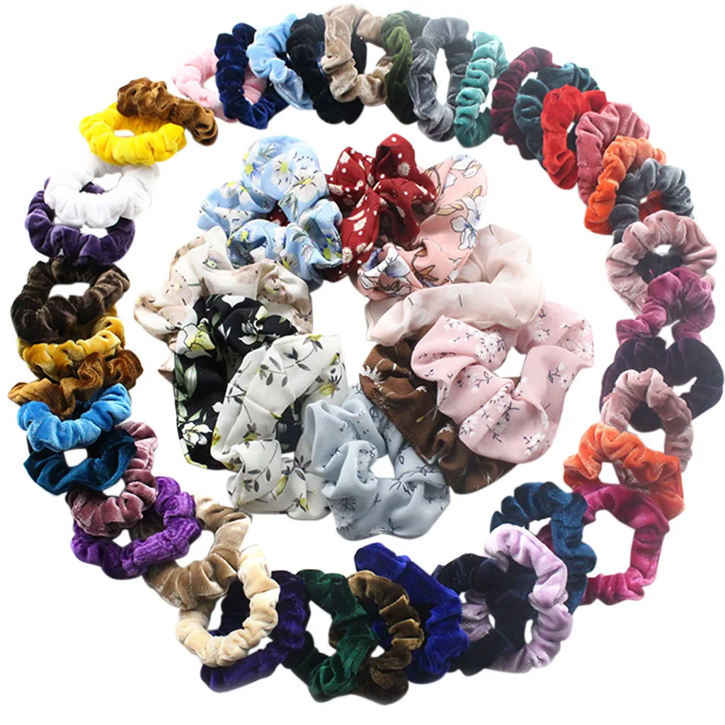 

50 Pcs/Set Vintage Hair Scrunchies Stretchy Velvet Scrunchie Women Elastic Hair Bands Girl Headwear Solid Rubber Hair Ties ##1