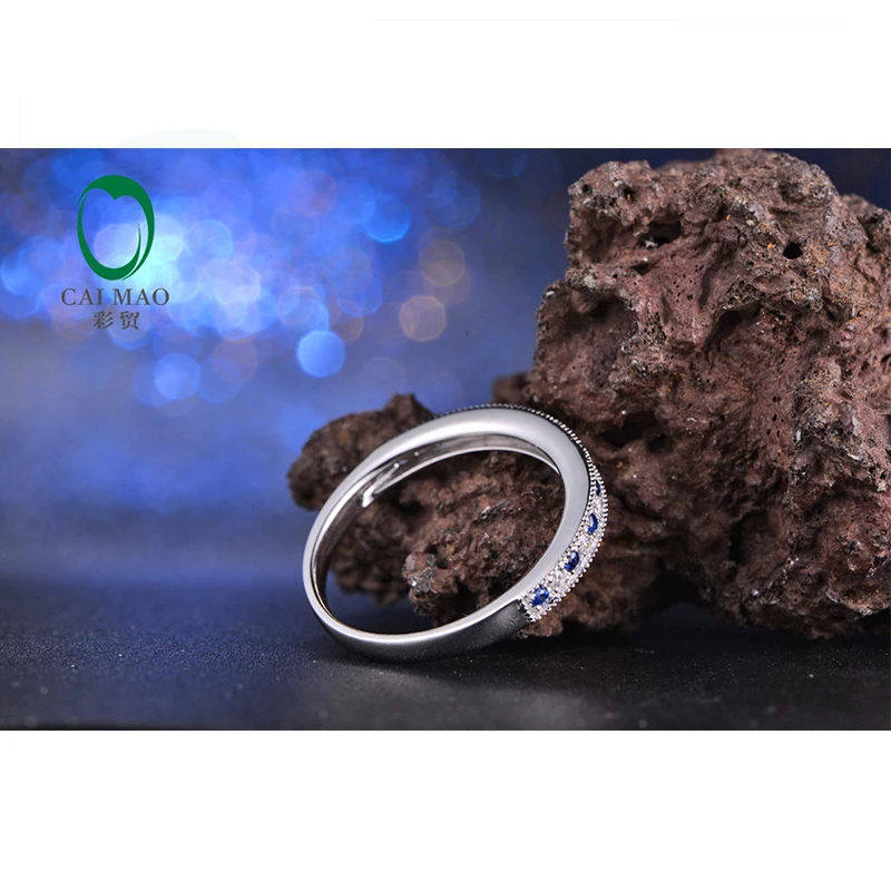 Caimao Jewelry 14K White Gold 0.13ct Sapphire & 0.09ct Diamonds Engagement Wedding Band Free shipping