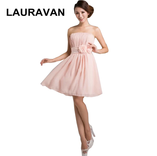 ladies chiffon knee length strapless dusty pink dress for bridesmaid