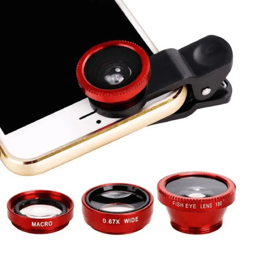 3-в-1 Широкий формат макро объектив «рыбий глаз» Камера Наборы мобильного телефона объектив «рыбий глаз» с зажимом 0.67x для iPhone samsung сотовые телефоны - Цвет: Red