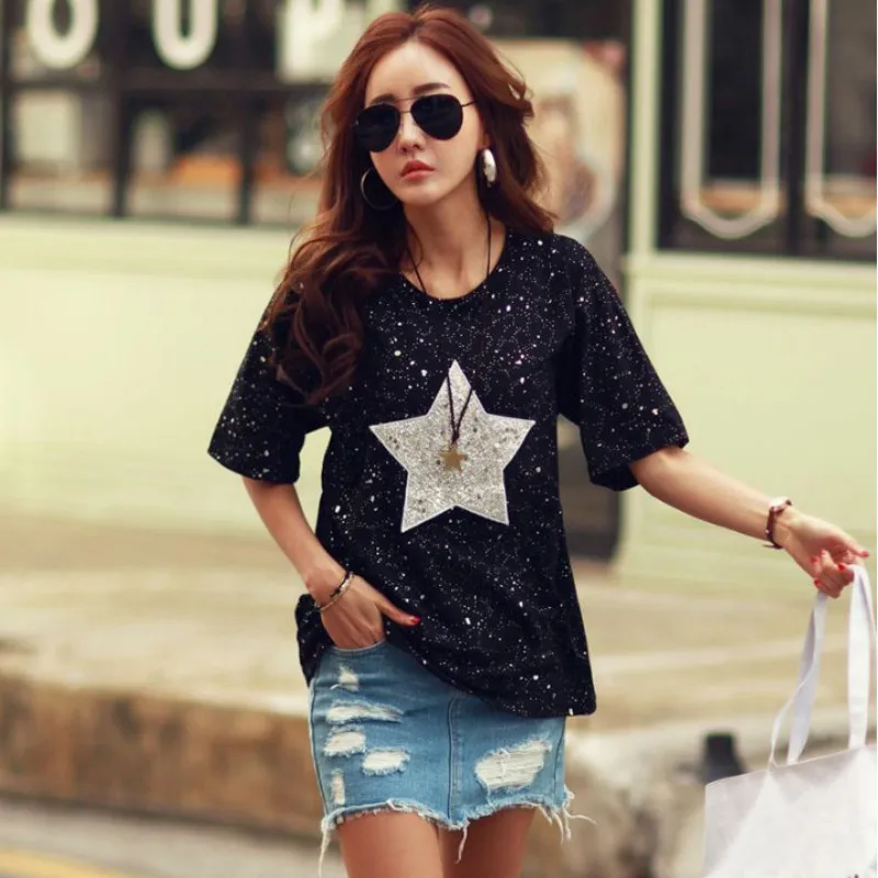 2018 nueva camiseta de Moda Para Mujer Tops de manga corta cuello redondo de algodón Camisetas estrella Polka Dot estampado verano strass Camisetas Mujer 2018 nueva camiseta de Moda Para Mujer Tops de manga corta cuello redondo de algodón Camisetas estrella Polka Dot estampado verano strass Camisetas Mujer