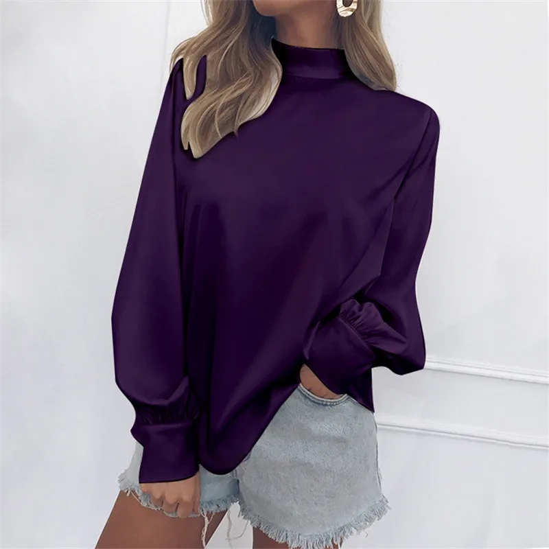 

Purple Chiffon Blouses Women Casual Autumn Long Sleeve Turtleneck Shirts Plus Size Office Ladies Top Shirt White Red Black Blue