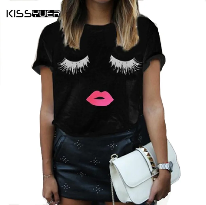 

2018 Summer Tops Women Short Sleeve Loose T Shirt White Plus Size Eyelash Red Lips Print Tee Shirt Femme Black Clothes for Women