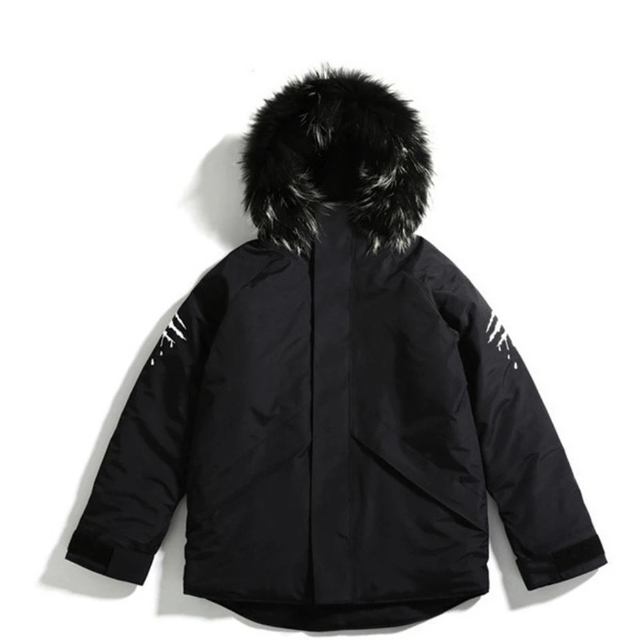 Черные зимние толстые стильная детская курточка, красивая детская куртка-парка Для мужчин, с капюшоном, меховой воротник, пальто и парки для уличная Для мужчин s средней длины, теплые ветровки WJ090