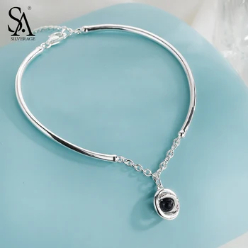 

SA SILVERAGE Real 925 Sterling Silver Planet Chain Bracelet for Women Fine Jewelry Black Aventurine Bangles & Bracelets Women