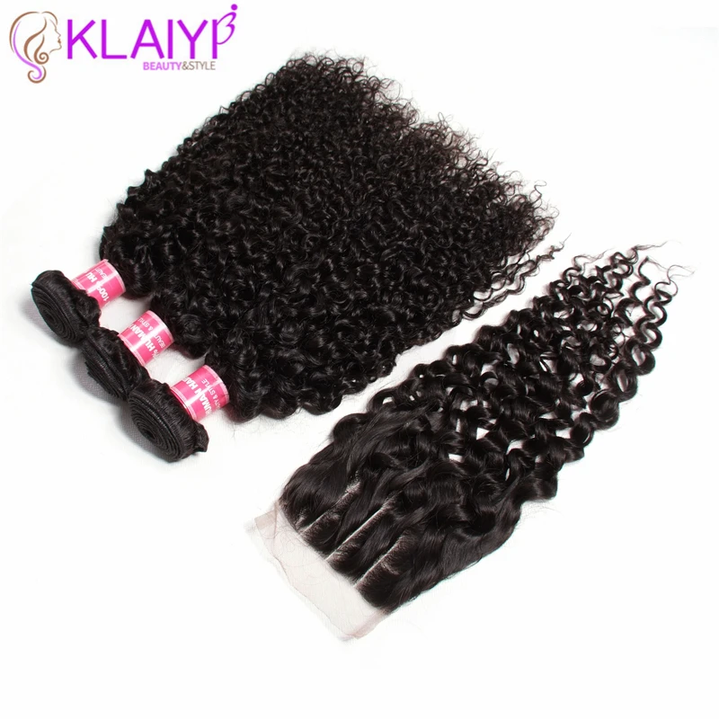 Klaiyi волосы перуанские 3 пучка с закрытием 100% Человеческие волосы remy ткет 4 шт./партия вьющиеся волосы плетение с кружевом Закрытие