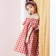 Платье с открытыми плечами в Корейском стиле, с расклешенными рукавами клетчатый, трапециевидный силуэт, милое летнее платье, одежда для маленьких девочек 4, 5, 6, 8, 10 лет