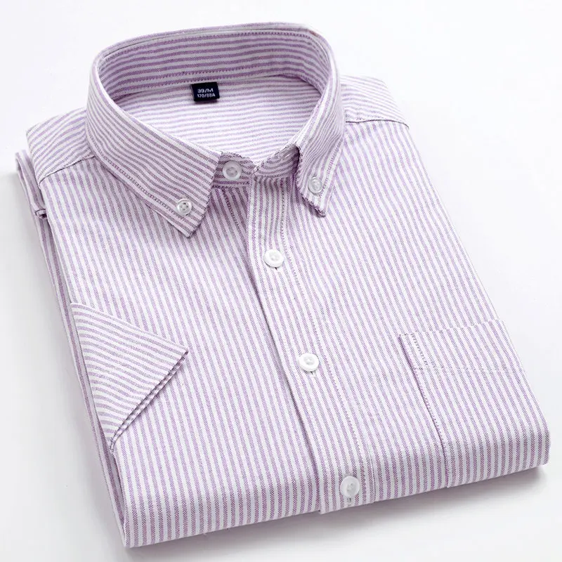 U& SHARK летняя хлопковая оксфордская рубашка мужская с коротким рукавом Повседневная рубашка мужская брендовая одежда мужские рубашки в клетку и полоску - Цвет: Purple Stripe