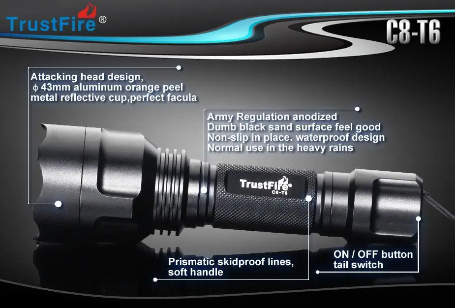 Новинка, TrustFire C8-T6 CREE XML-T6 светодиодный вспышка светильник 1000 люмен 5-Режим 18650 фонарь светильник