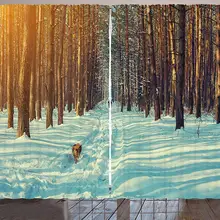 Зимние оконные шторы лыжница фигурка бегущая собака в лесу зимний сезон снег и мертвая природа пейзаж гостиная спальня