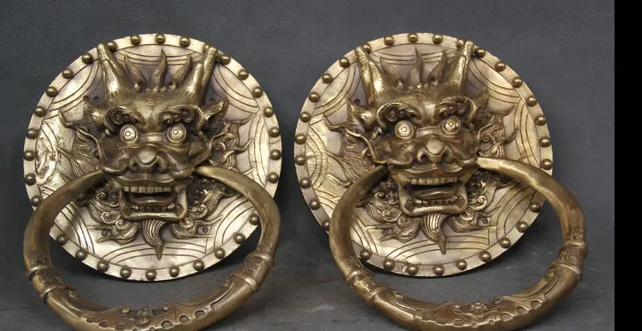 

671115331++12" China Pure Brass Dragon Door doorknocker Beast Head Door Gate Knocker Pair