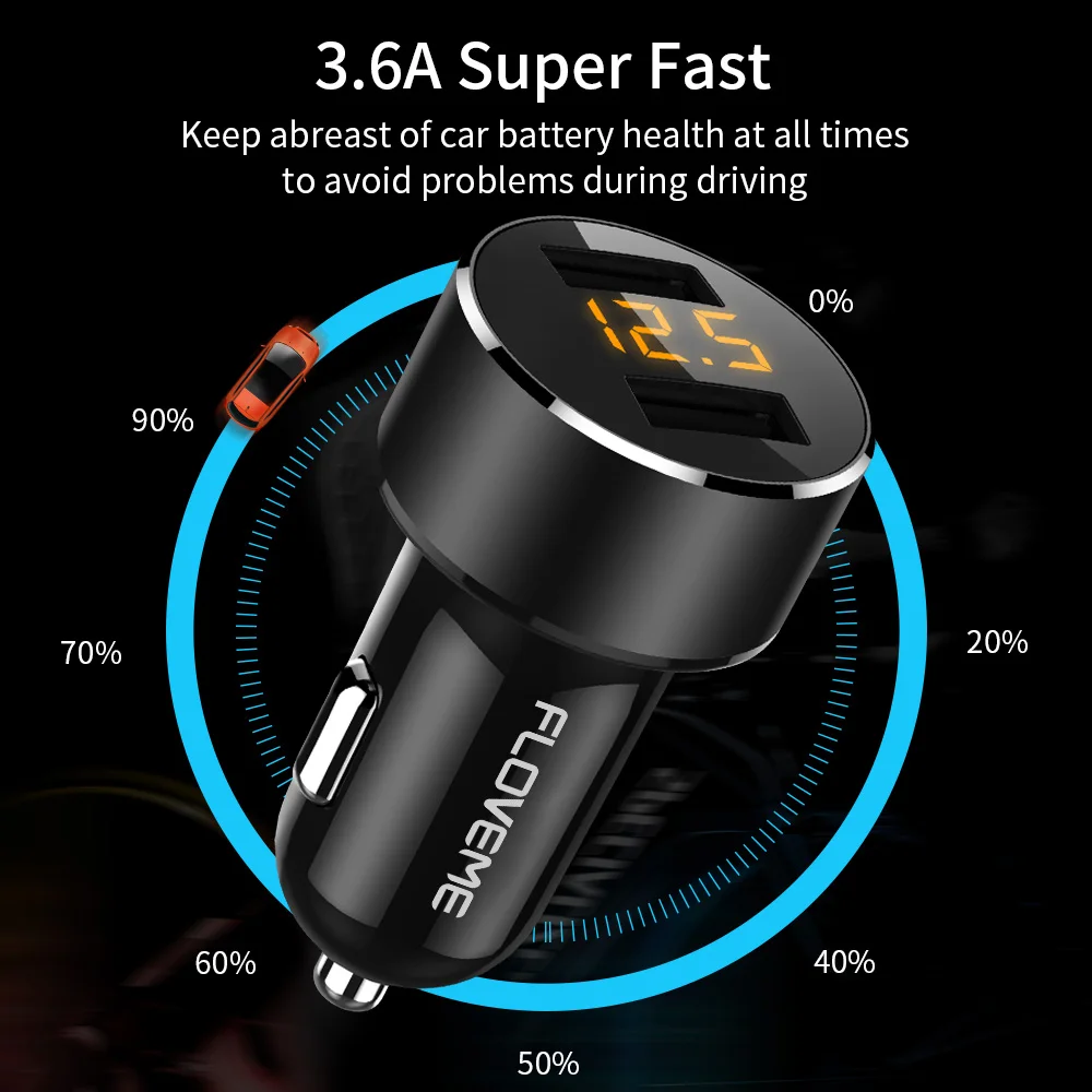 FLOVEME Dual USB Car Charger For iPhone X 7 8 3.6A Mini LED Display Fast Charging Samsung S10 Universal Chargers Adapter | Мобильные