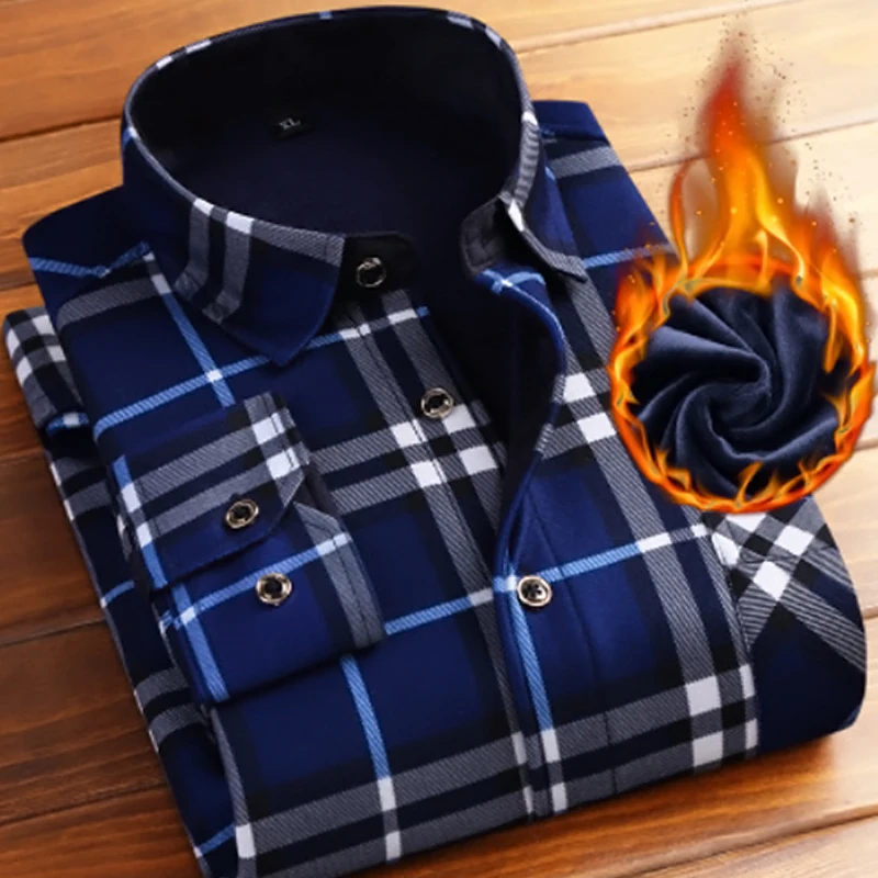 

2018 Fashion Men Shirt Autumn Winter Flannel Warm Long Sleeve Shirts Casual Plaid Men Dress Shirt Slim Fit Male Social Shirt