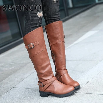 

SWONCO Women Boots Knee High Boots Autumn Belt Buckle Ladies Leather Plus Size 43 Winter Boot Snow Shoes 2019 Windproof Riding