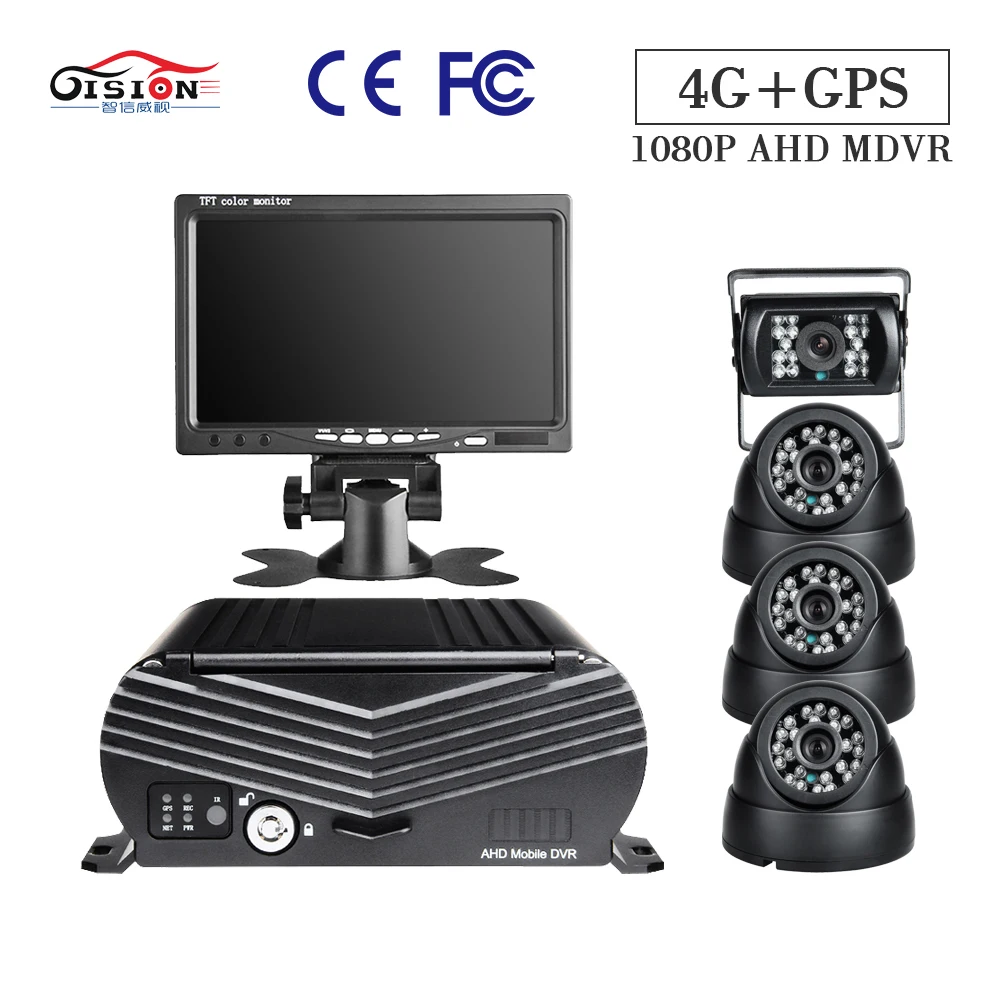 

GISION 4CH HDD 4G GPS MDvr Kits 7" Screen LCD Monitor 4Pcs Side Metal HD Security Camera for School Bus Truck Taxi Survelliance