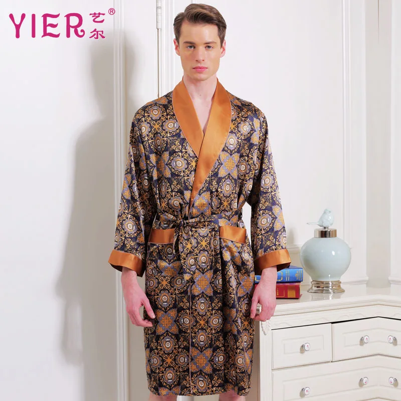 

1703 YIER Brand 16 Momme Silk Robes Men Long-sleeved Robe Long Bathrobe Male Kimono Luxury Sleepwear Gown Free Shipping
