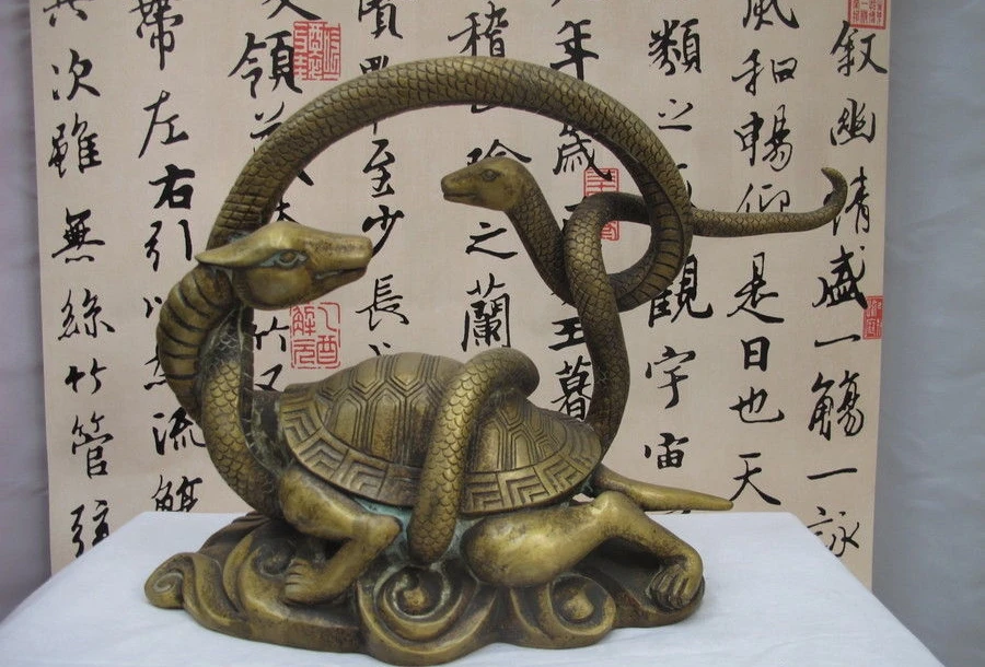 

13.6"Chinese Folk Feng Shui Bronze Black tortoise Snake Dragon Turtle Statue a 0518