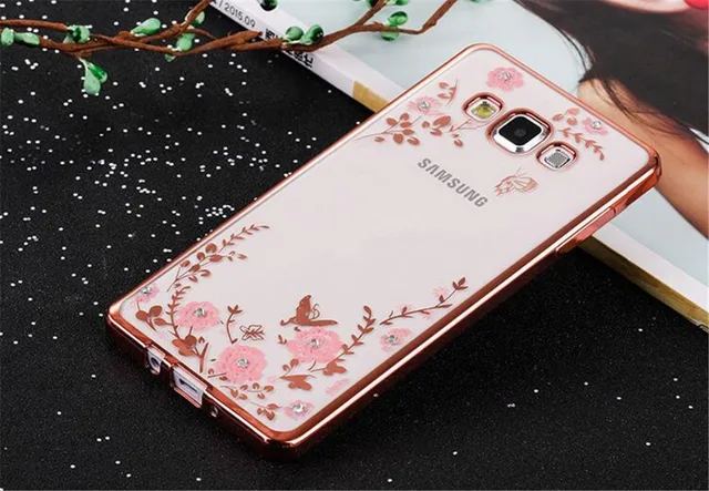 Fashion Case For Samsung Galaxy A3 A3000 A5 A5000 A7 A7000 2015 C10 Plating Cover Rhinestone Soft TPU cute Flowers Phone Case