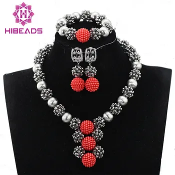 

New Silver Beads Necklace Set Grey Crystal Balls Bead Jewelry Red Pendant Statement Party Necklace Free Shipping WE005