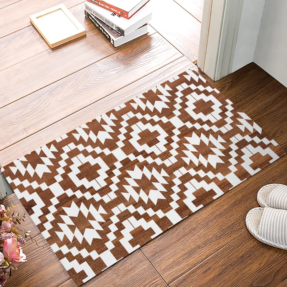 Vintage Square Pixel Mosaic Decorative Pattern Brown Door Mats Kitchen