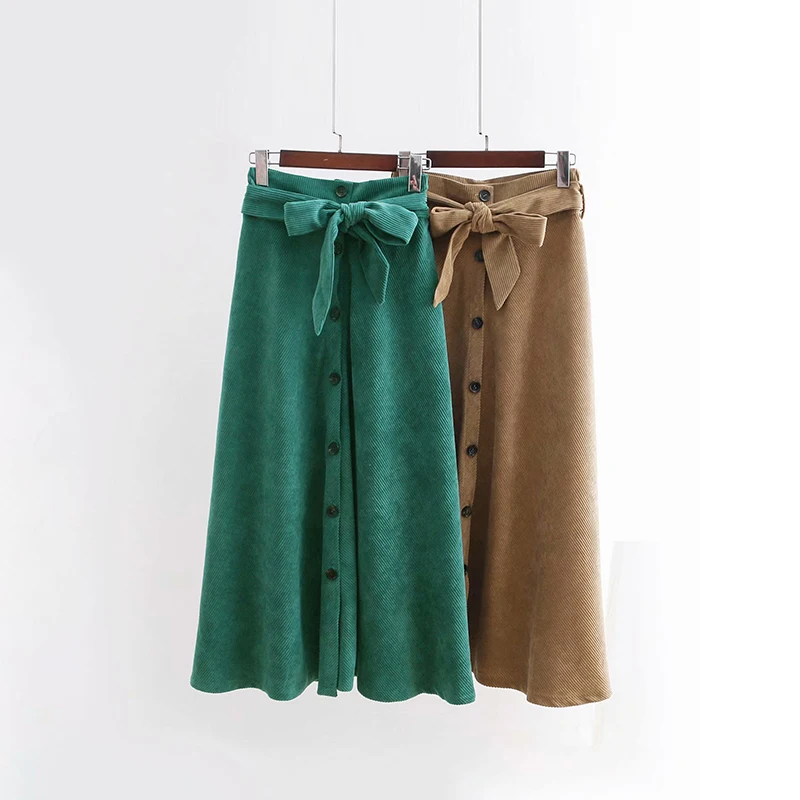 Для Женщин Осенние Теплые вельветовые юбки зима зеленый коричневый пояс юбка Женский Высокая Талия Button-Fly длинные юбки faldas mujer moda