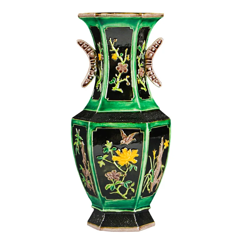

Antique porcelain vase yellow green flower double ear vase Jingdezhen porcelain antique ornaments flower and bird hexagon vase