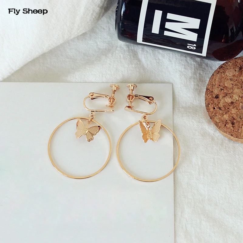 

New Fashion Gold/Silver Body Statement Dangle Earrings For Women Butterfly Circle Geometry Earrings Ear Clip Girls Long Earrings