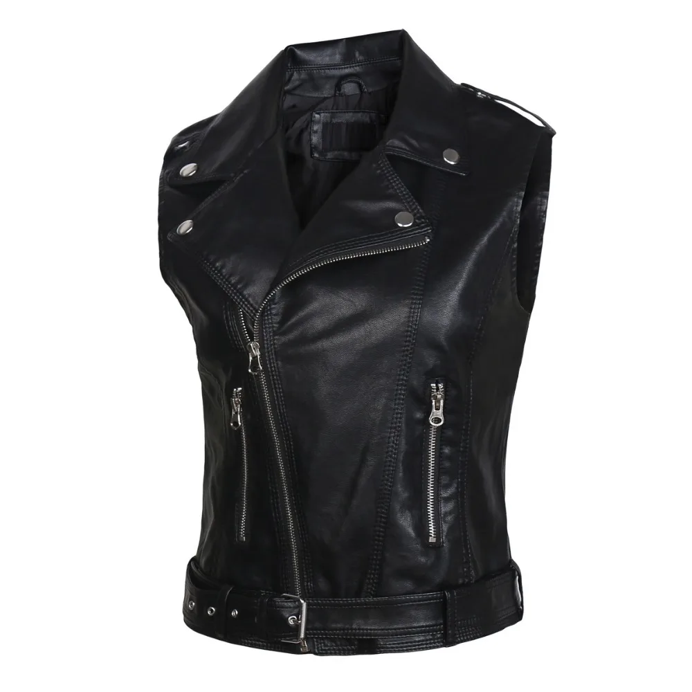 Buy Women Leather Vest Sleeveless Leather jacket Turn down Collar Pockets