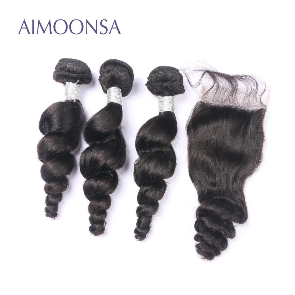 

Brazilian Human Hair Bundles With Closure Loose Wave Lace Closure With 3 Bundles Natural Color Remy Hair Extensions