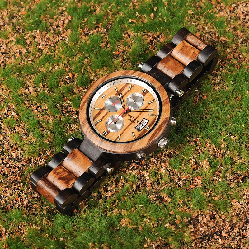 BOBO BIRD WP17 Men Wood Multi-function Ebony Watches Wood Band Fashion Quartz Male Clock Back Cap Custom Watch