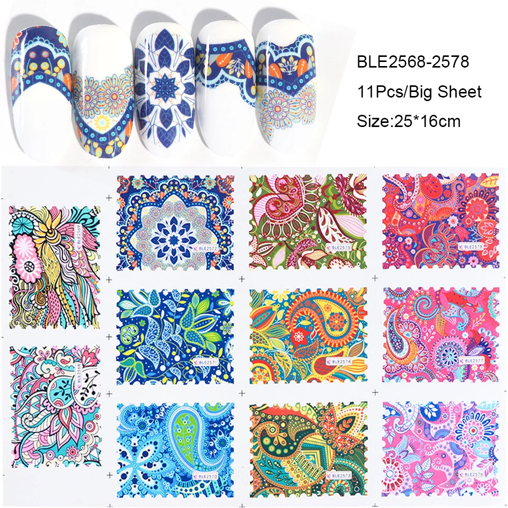11 Design Retro Water Transfer Decals Nail Art Sticker Colorful Flower Vines Totem Full Wraps Manicure Decoration LABLE2535-2578  (6)
