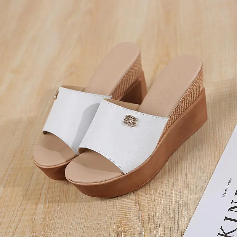 Johnature New Summer Platform Slippers Genuine Leather Solid Outside Sandals Metal Decoration Wedges Slides Women Shoes - Color: White