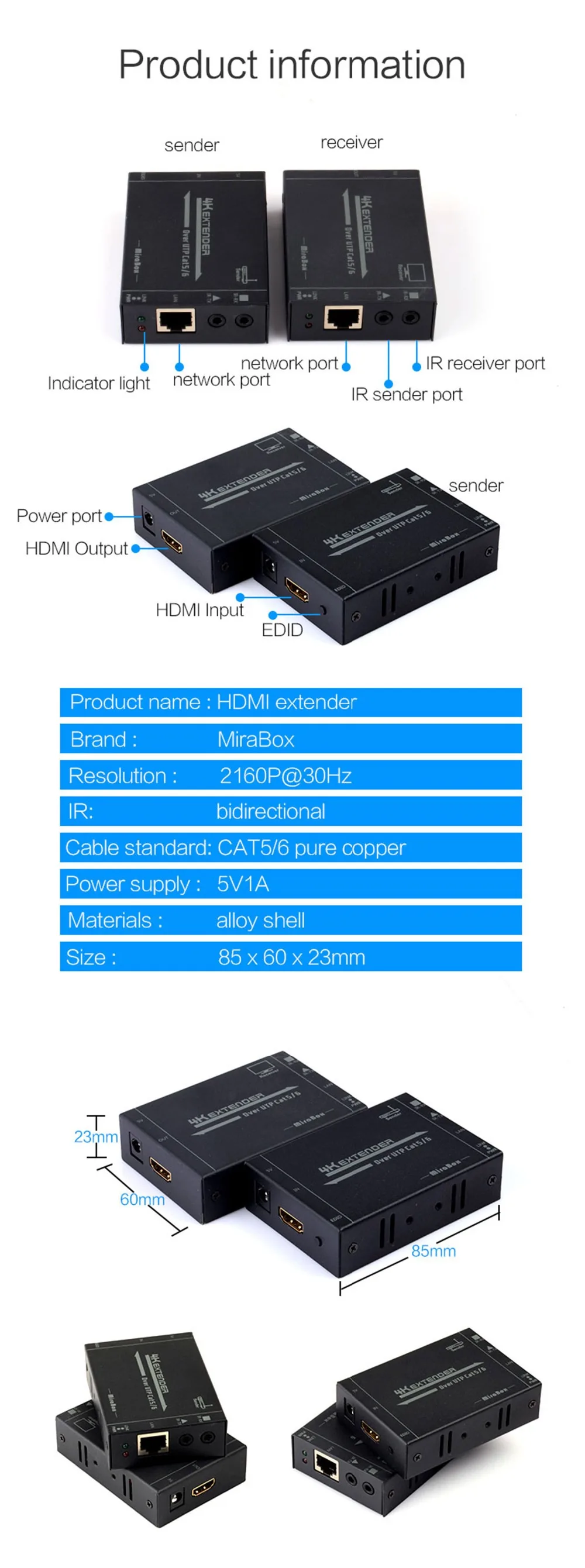MiraBox 4K2K HDMI Extender with  EDID Technology Double-sided IR Support HD 2160P@30Hz 60m, Cat5Cat6 RJ45 HDMI Extender (30)