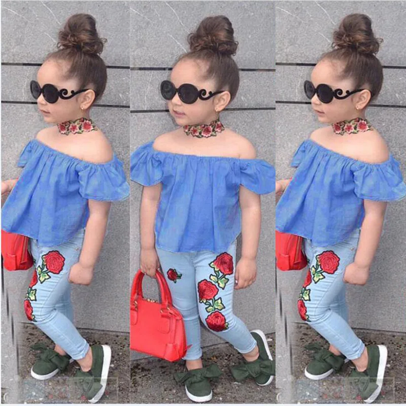 

Girl Clothes Set Summer Girl Off Shoulder T Shirt Tops+Jeans 2Pcs Children Clothing Girl Sets Costume For Kids 1 2 3 4 5 6 Years