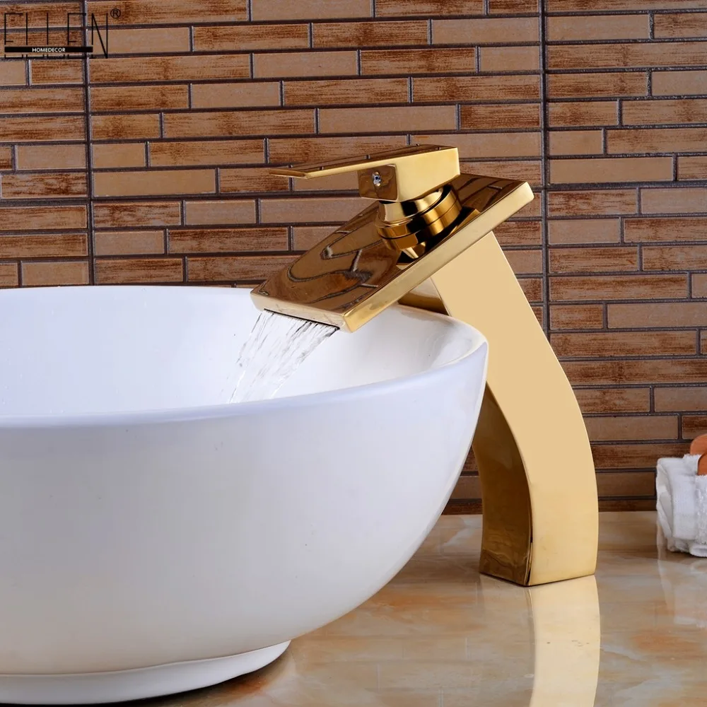 Bathroom Vessel Faucets Gold Waterfall Bath Sink Water Mixer Golden