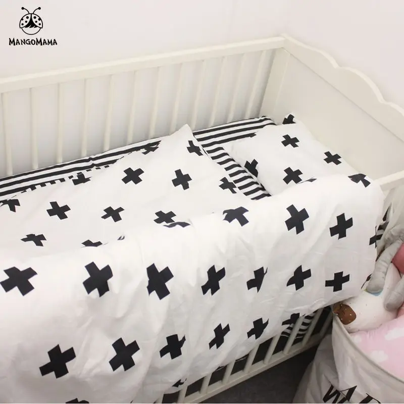 

3pcs/set New Design Baby Bedding Set Crib Cotton Bedding Set Black And With Cross Stripe Pattern For Baby Girls Boys