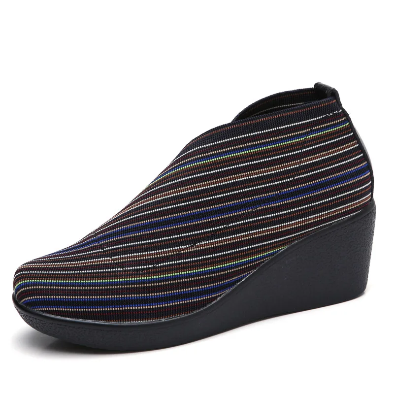 O16U/; женская обувь; туфли-лодочки на танкетке с круглым носком без застежки; женская повседневная обувь из эластичной ткани на высоком каблуке; криперы - Цвет: stripe D.2018