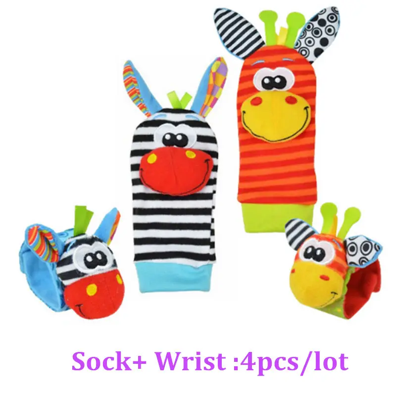 Игрушки для новорожденных детей 0-12 месяцев, мягкие детские Мультяшные погремушки в виде животных, детские плюшевые носки, детские игрушки, детские носки с ремешком на запястье - Цвет: 4pcs