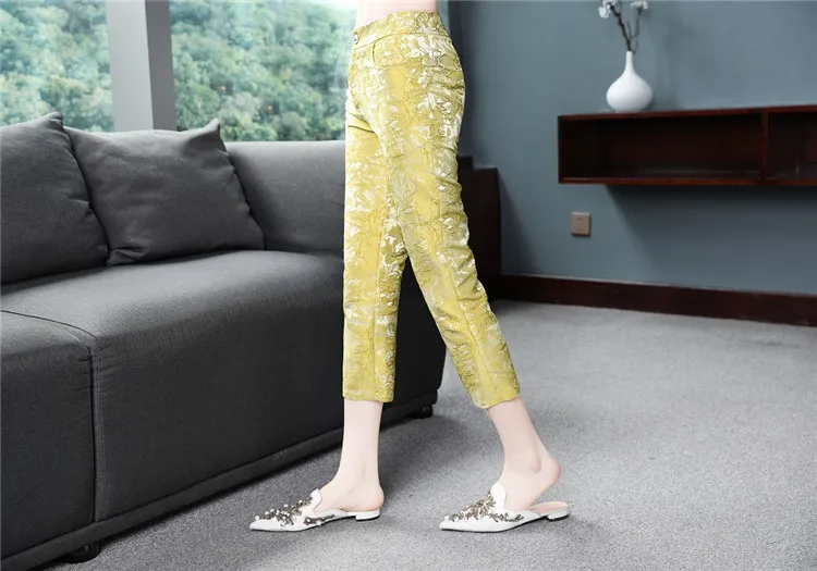 Брюки высокого качества весна лето женские винтажные узкие леггинсы с вышивкой брюки и капри Желтый Белый XXL