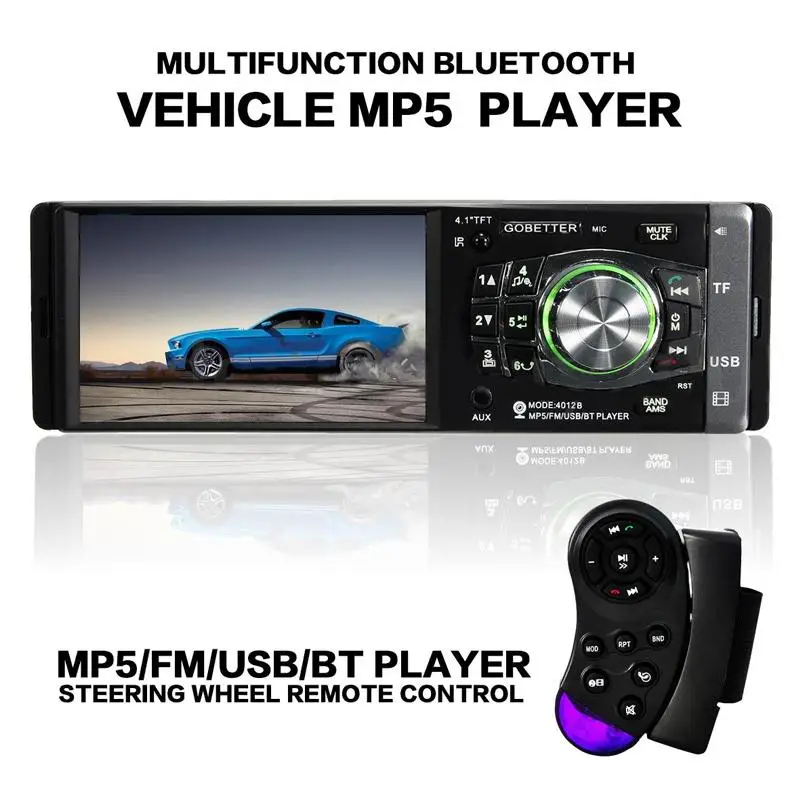  4.1 Inch Car Radio Stereo Audio MP3 MP4 MP5 Player Bluetooth 12V FM Receiver Aux Receiver USB SD Wheel Control for Car Vehicle 