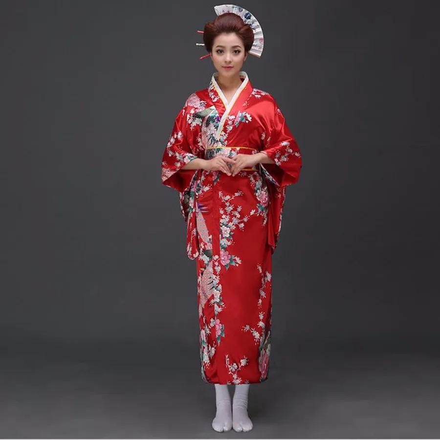 Red peafowl Japanese Kimono Women's Polyester Satin Kimono Yukata ...