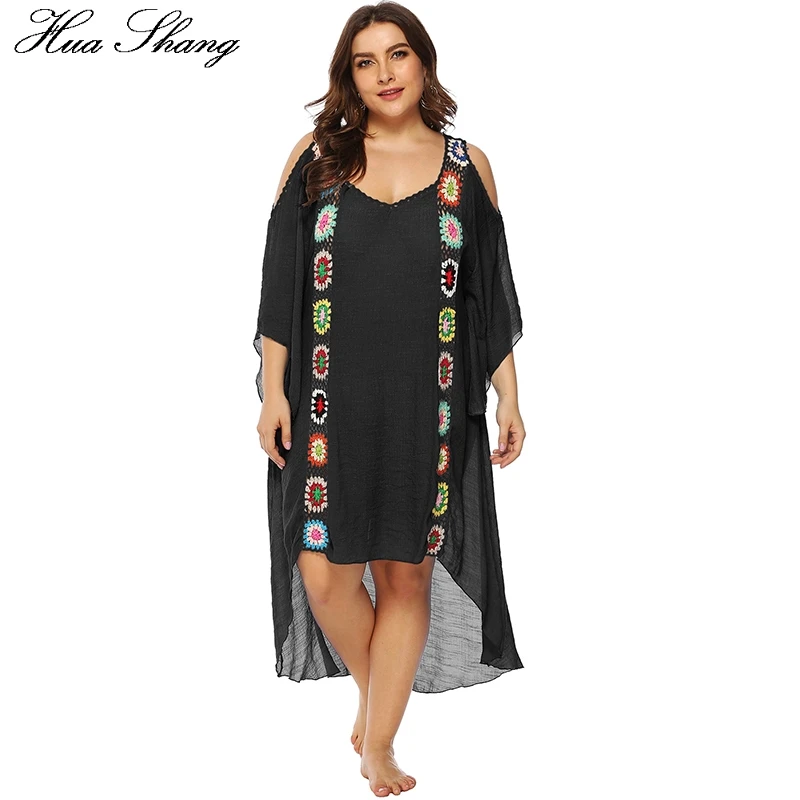 

Plus Size Women Summer Beach Dress V Neck Cold Shoulder Hook Flowers Long Dress Cover Up Ladies Loose Oversized Tunic Sundress