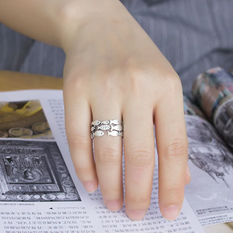 Real 925 Sterling Silver Fish Rings for Women Adjustable Wedding Ring Fashion sterling-silver-jewelry Girls Gift