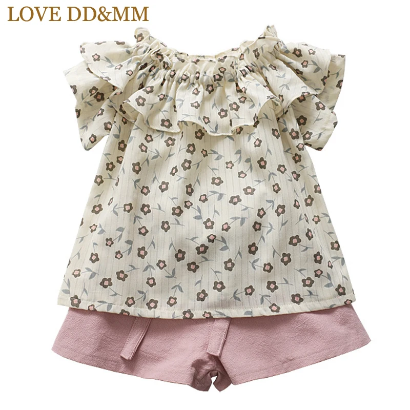 Комплекты одежды для девочек с надписью LOVE DD& MM, Новая летняя детская одежда, плиссированная рубашка с цветочным принтом для девочек+ однотонные кружевные шорты, комплект из 2 предметов