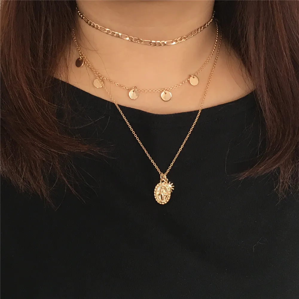 

CHIC GOLD COLOR PLATING ROUND DISC SUN VIRGIN MARY PENDANT LAYERED PRETTY DAINTY NECKLACE FOR WOMEN GIRL