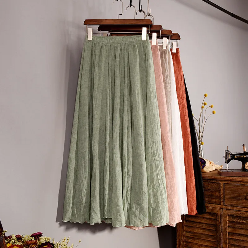

2018 Summer Cotton Linen Saias 2 Layer Solid Women Skirts Elastic Waist Long Skirts Soft Comfortable Vintage Summer Skirt SK89
