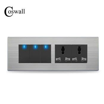 

COSWALL 3 Gang 2 Way Luxury Light Switch With Universal Power Double Socket Stainless Steel Panel 197* 72mm