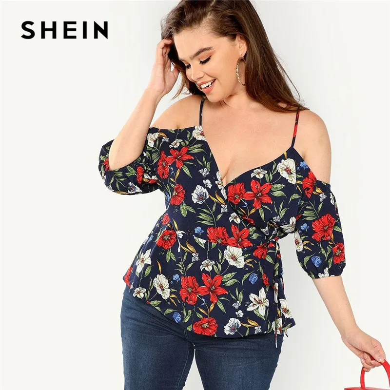 SHEIN Плюс Размеры Цветочная Блузка С Открытыми Рукавами И С Поясом Сексуальные Женские Цветочные Блузки Летний Топ Для Отдыха