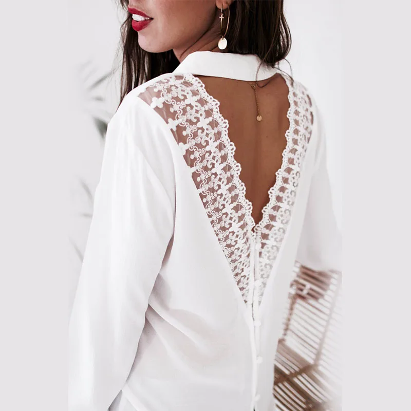 

Womens Lace Tops And Blouses Office Lady OL Long Sleeve Blackless V Neck Harajuku White Shirt 2019 Summer Casual Loose Female To