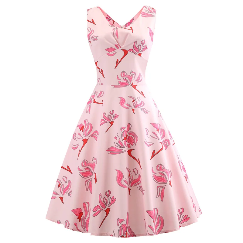 Kostlich 2018 New Arrival Women Big Swing Dress V-Neck Floral Print Dresses Summer Hepburn Vintage Dress Plus Size S-2XL  (2)